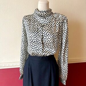 Vintage Eva Laurel Black & White Spot Blouse Womens 4 Satin Finish USA Made Chic